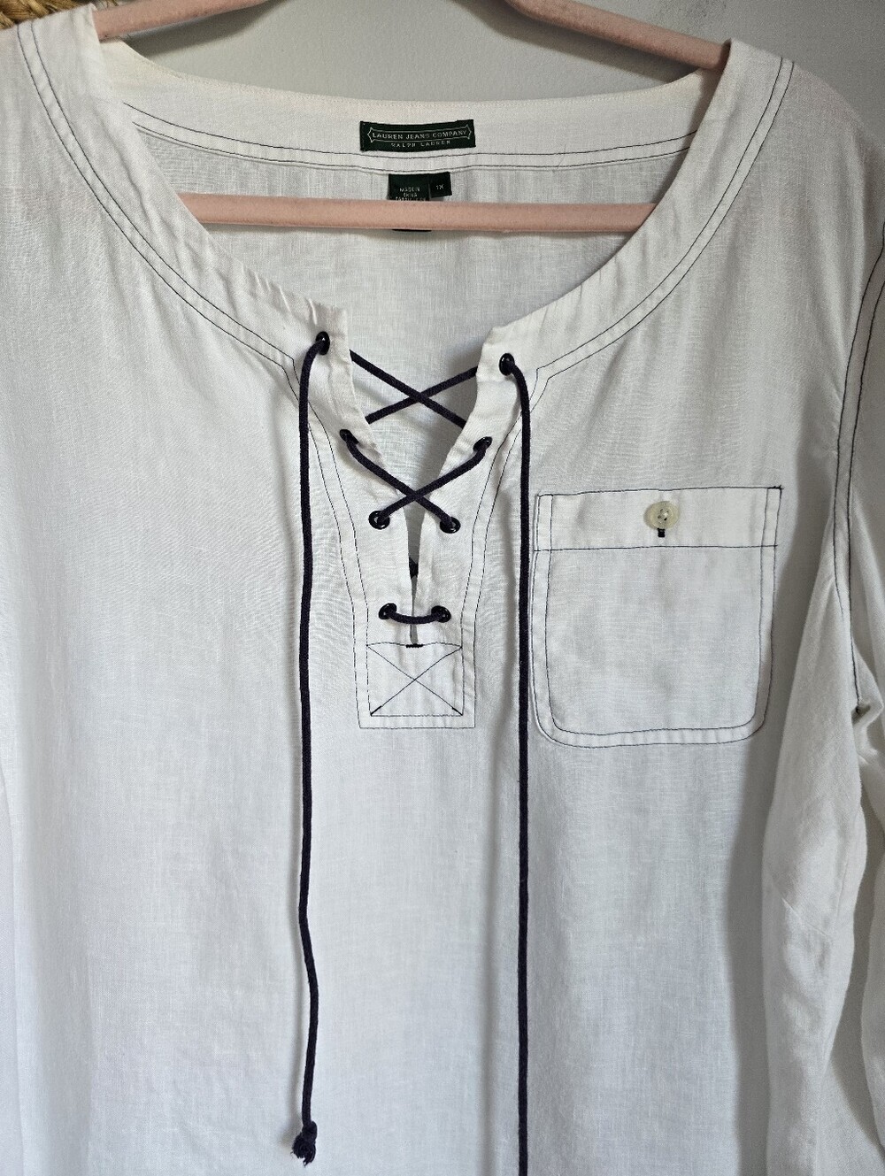 Ralph Lauren White 100% Linen White 3/4 Sleeve Lace-up Popover Shirt SZ 1X Boho - Picture 3 of 8